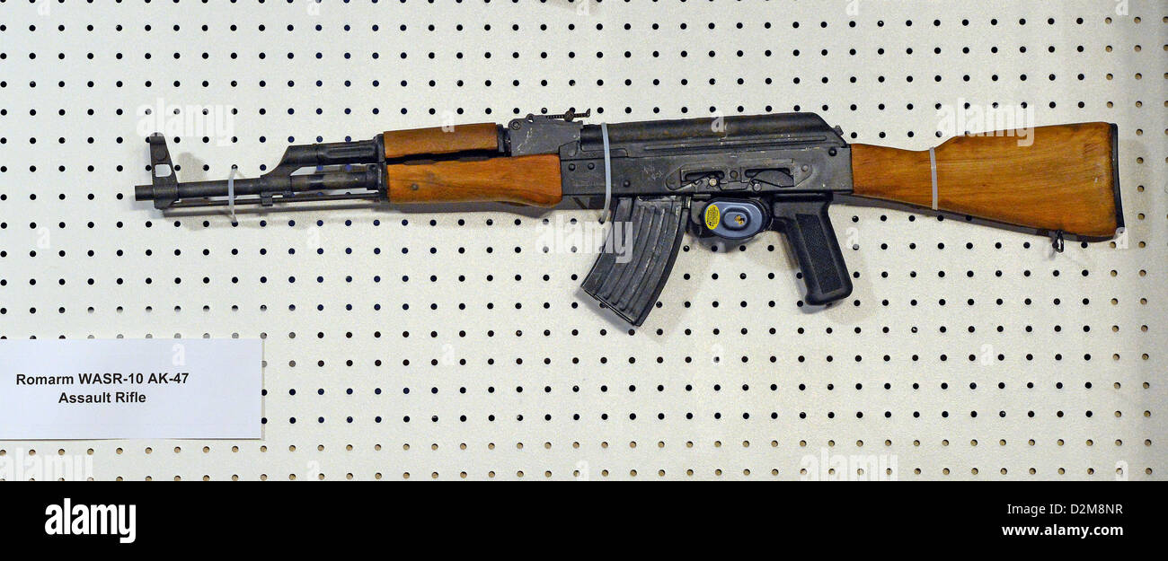 A Romarm WASR-10 AK-47 Assault Rifle displayed at the press conference held by United States Senator Dianne Feinstein (Democrat of California) to announce the introduction of legislation to ban assault weapons on Capitol Hill in Washington, D.C. on Thursday, January 24, 2013..Credit: Ron Sachs / CNP.(RESTRICTION: NO New York or New Jersey Newspapers or newspapers within a 75 mile radius of New York City) Stock Photo