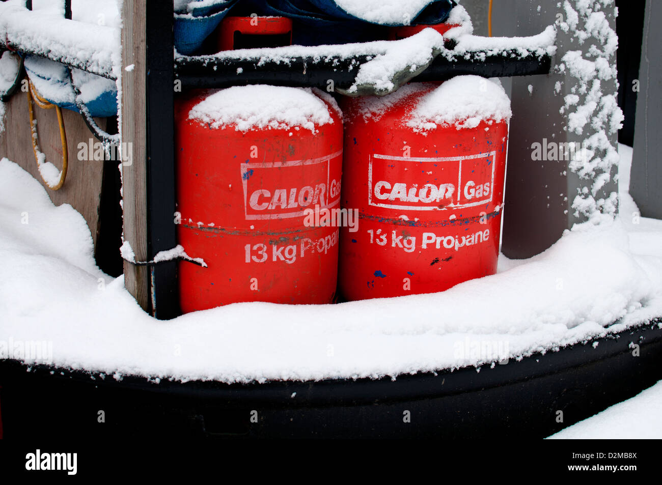 Calor Gas bottles on narrowboat in winter Stock Photo