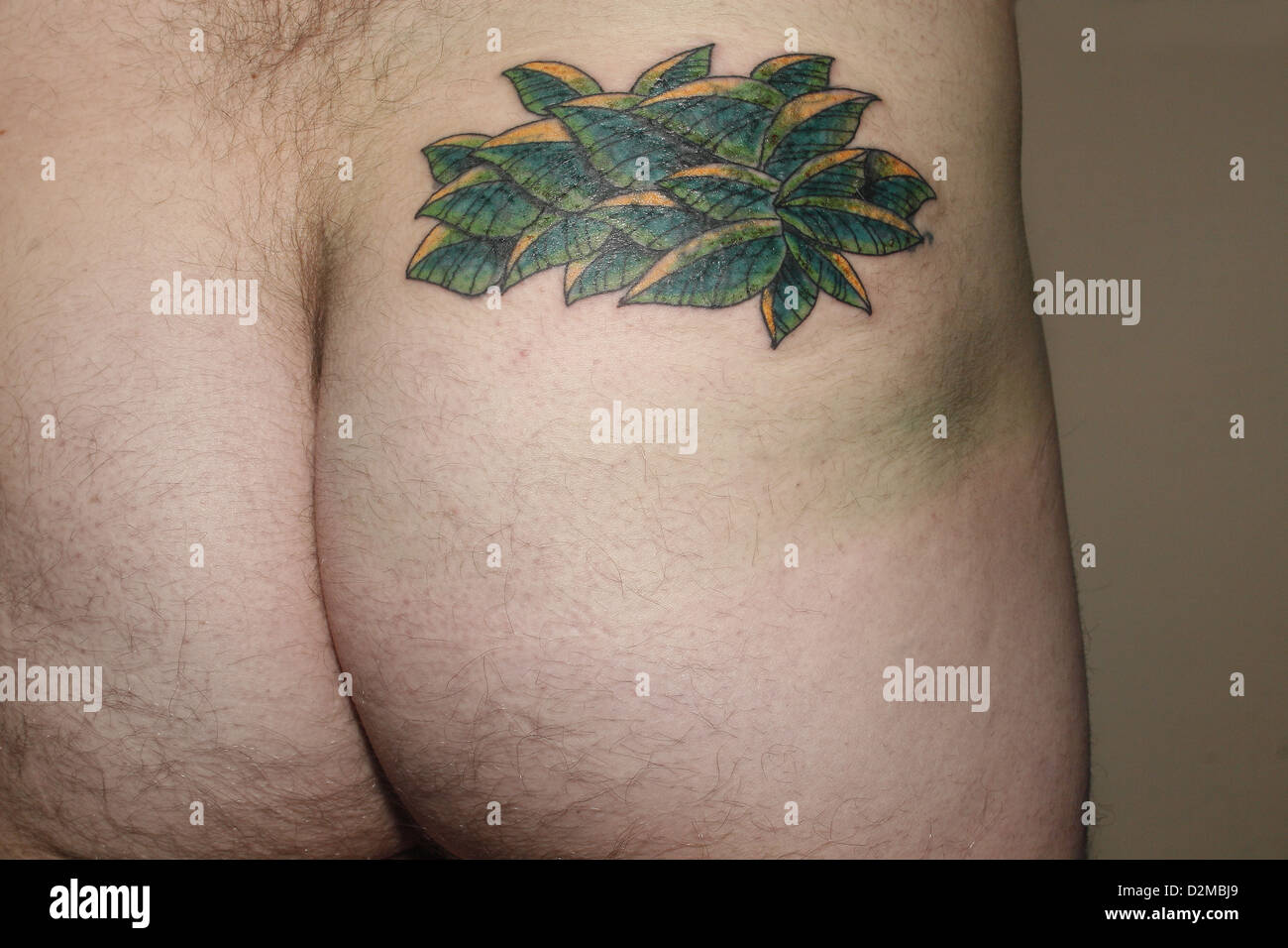 leaf tattoo on male right buttock Stock Photo