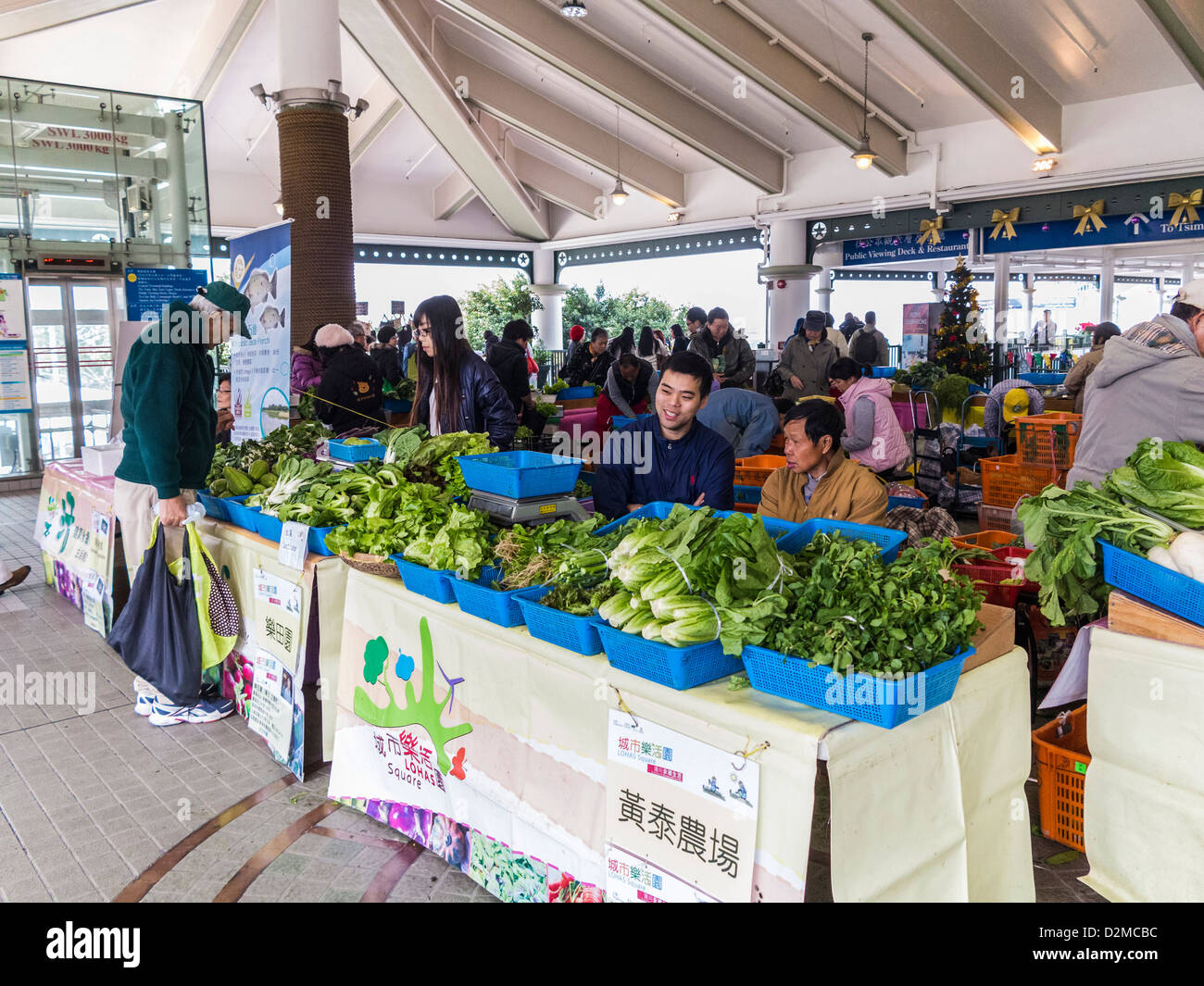 An organic vegetable stall in a market, Hong Kong. Stock Photo