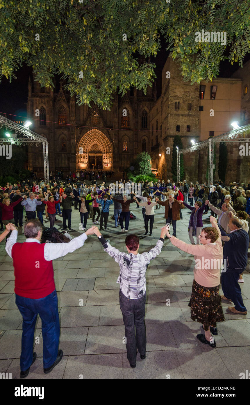 Catalan national dance the Sardana in the Placa de la Seu. The square in front of the cathedral. Barcelona Stock Photo