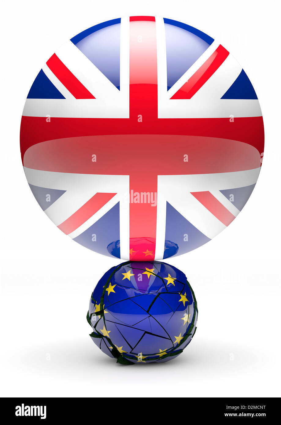 EU referendum concept - Union flag sphere crushing smaller European flag sphere Stock Photo