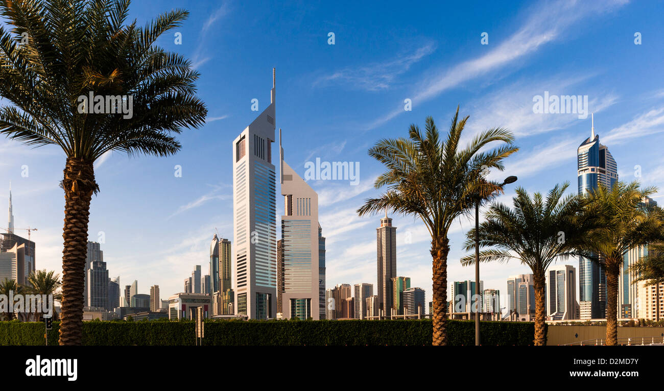Dubai skyline - Skyscrapers of the Emirates Towers, Dubai, UAE Stock Photo