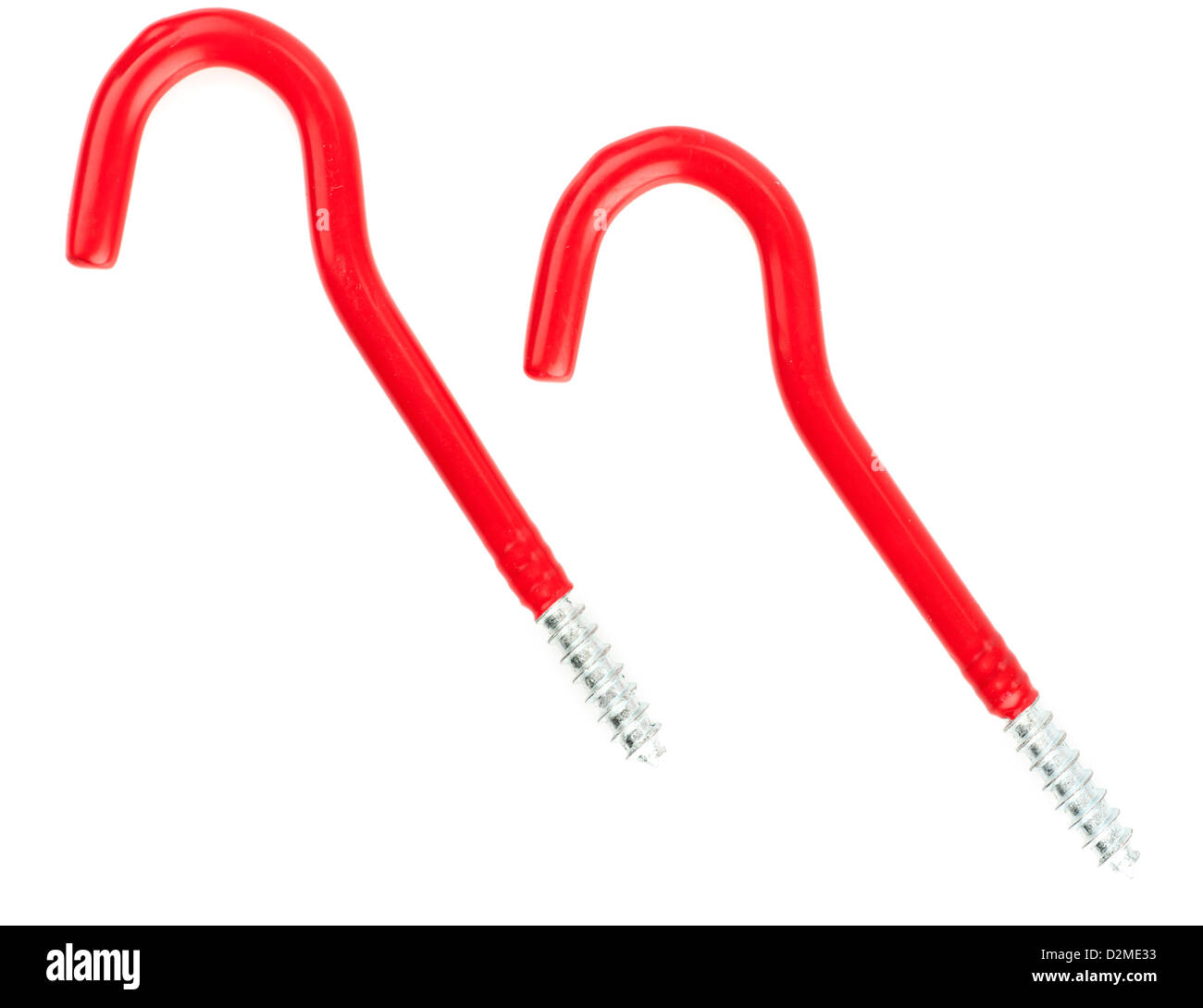 Two red plastic coated screw type storage hooks Stock Photo Alamy