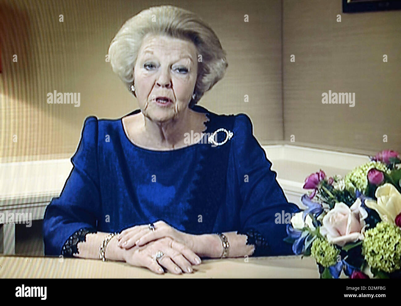 A television grab taken from Dutch TV channel NOS shows Dutch Queen Beatrix announcing her abdication on 28 January 2013. Queen Beatrix announced on 28 January 2013, in a previously recorded speech, that she will abdicate and give the throne to Crown Prince Willem-Alexander on 30 April 2013. EPA/NOS / HANDOUT HANDOUT EDITORIAL USE ONLY/NO SALES  (Quality Repeat) Stock Photo