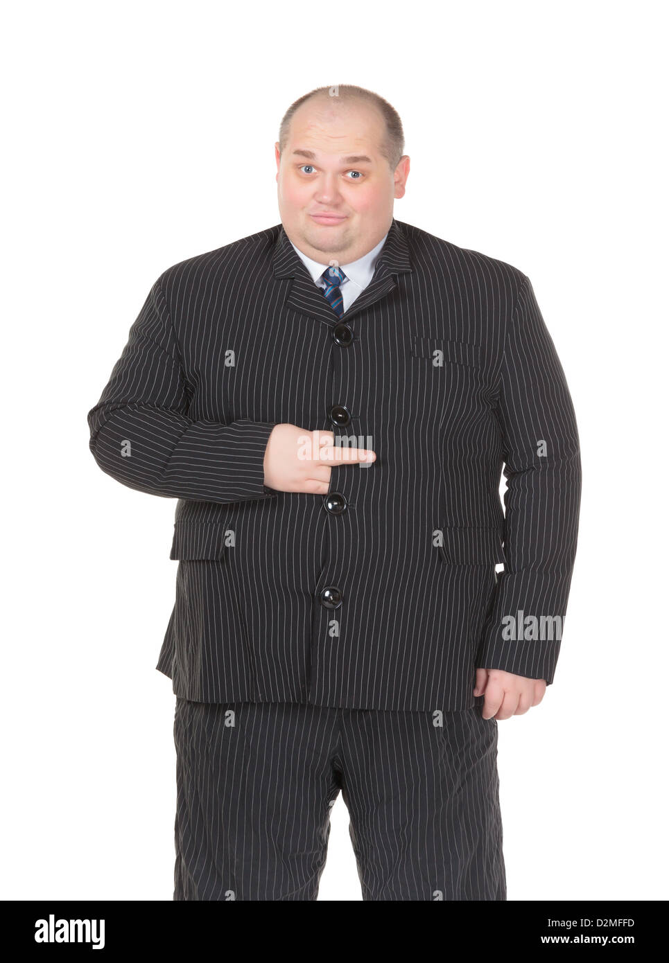 Obese businessman in a suit and tie making gesturing, isolated on white Stock Photo