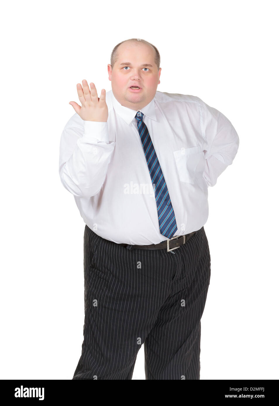 Obese businessman in a shirt and tie making gesturing, isolated on white Stock Photo
