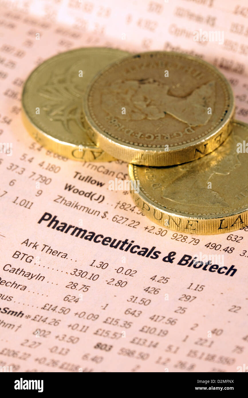 Pharmaceuticals and Biotech shares list in the FT with pound coins to illustrate value, UK Stock Photo