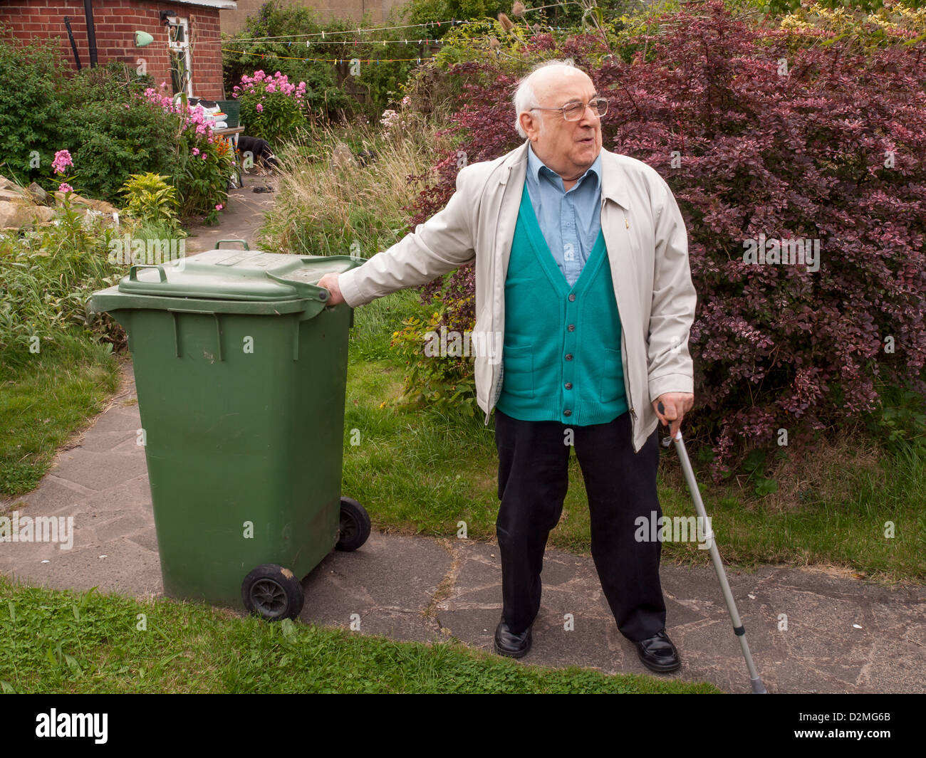 elderly man pulling green wheelie bin along garden path Stock Photo