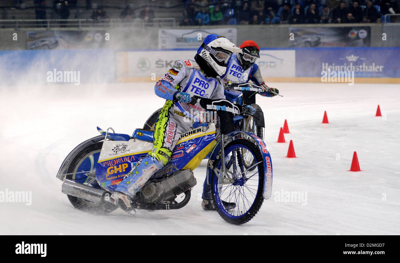 Dresden, Germany. 19th January 2013. Ronny Weis (front) from MC Meissen  races during an ice speedway