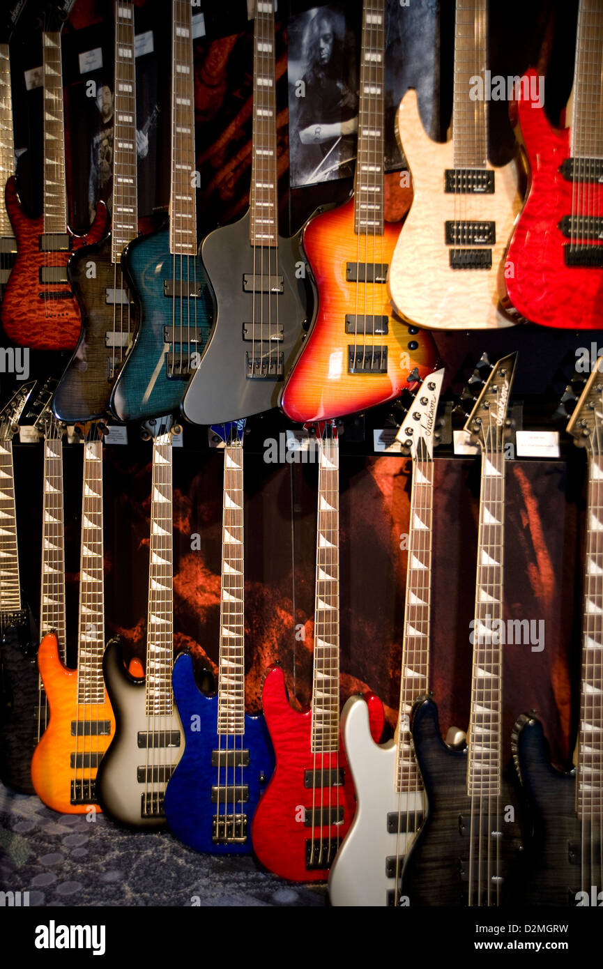 Fender electric guitars on display at booth at the NAMM convention in Anaheim, California Stock Photo