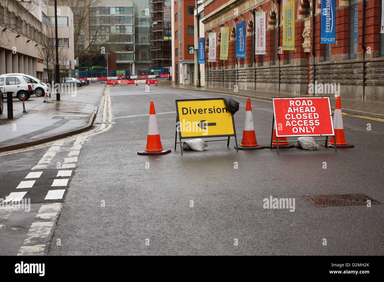 Signs for road closed ahead access only and diversion, 28th January