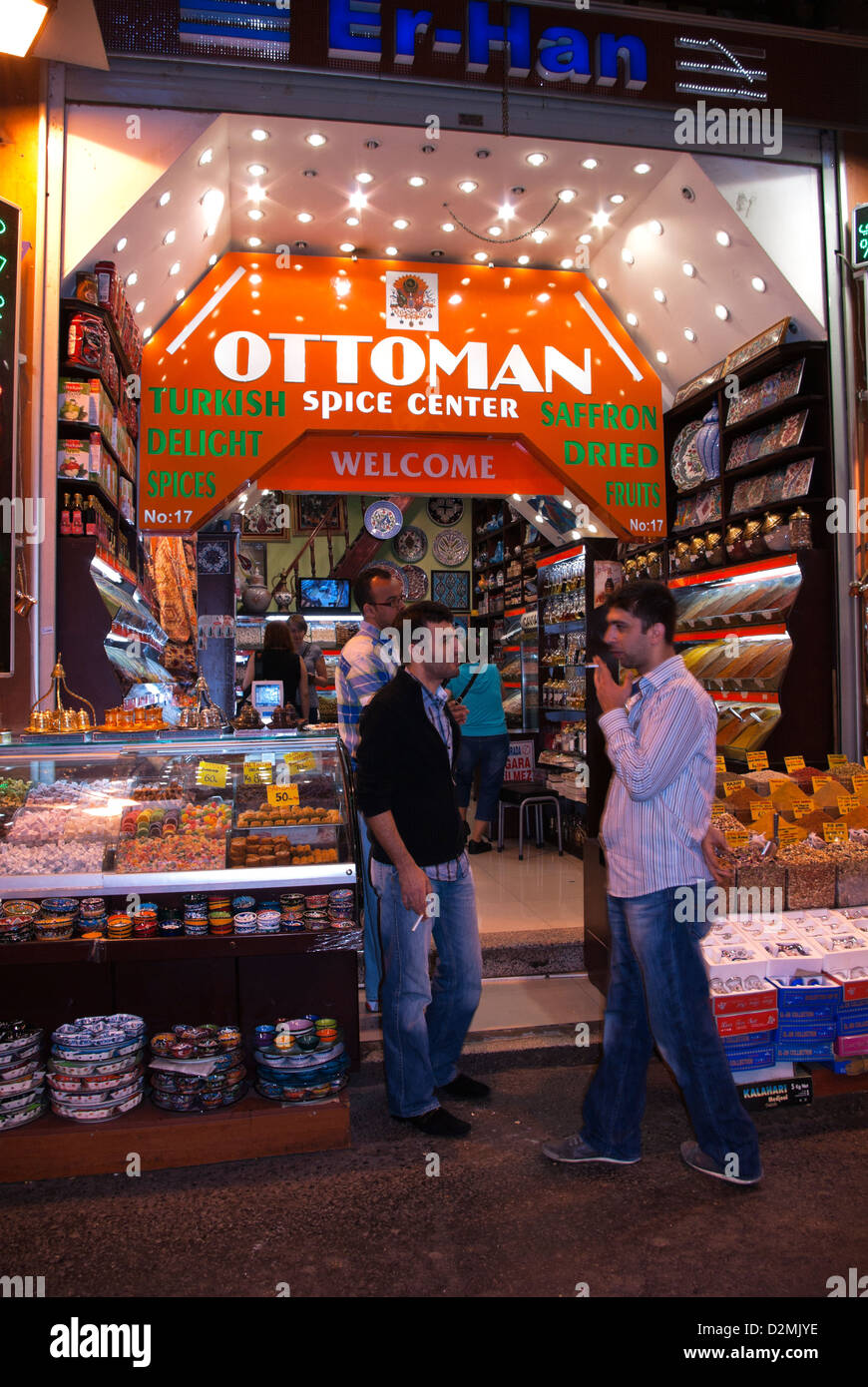Spice Bazaar, clerks take a cigarette break in front of spice store, Europe Turkey Istanbul Stock Photo
