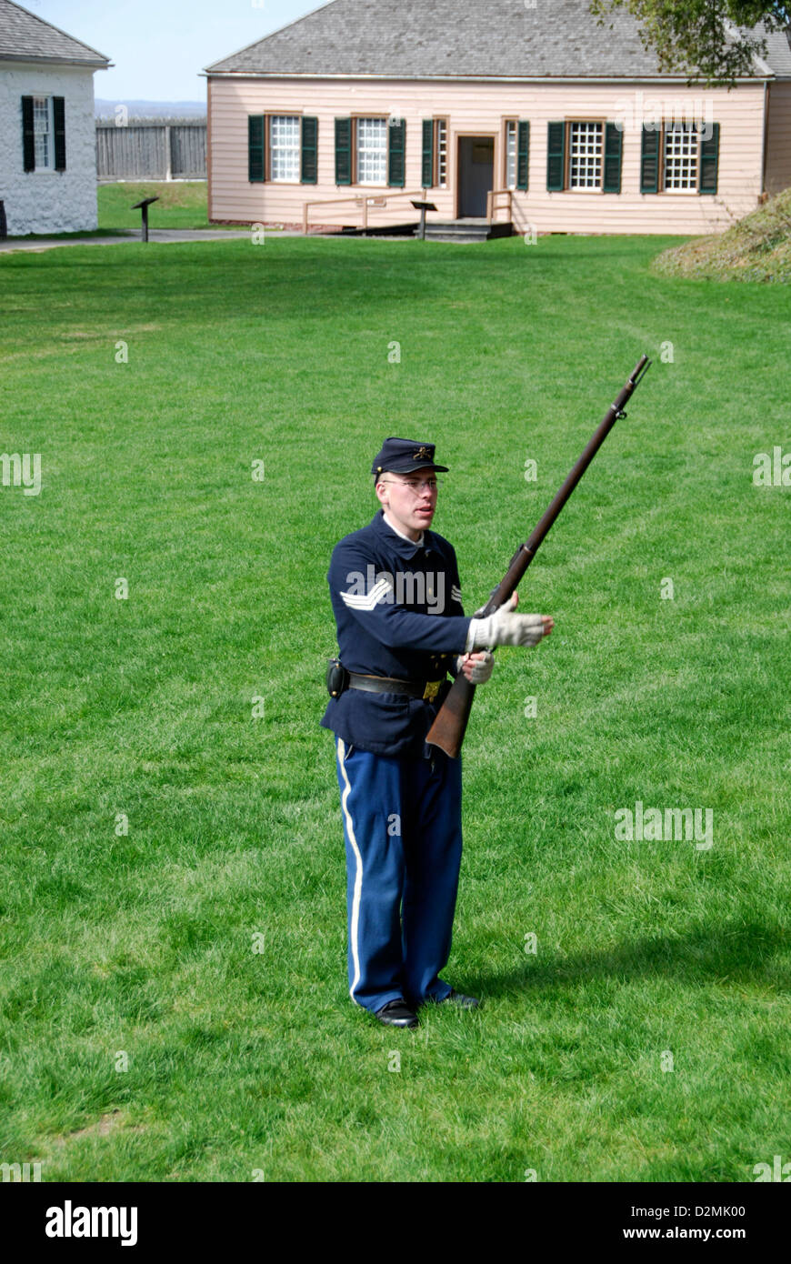 Soldier on parade ground at Fort Mackinac, Mackinac Island,  Lake Huron, Michigan, USA Stock Photo
