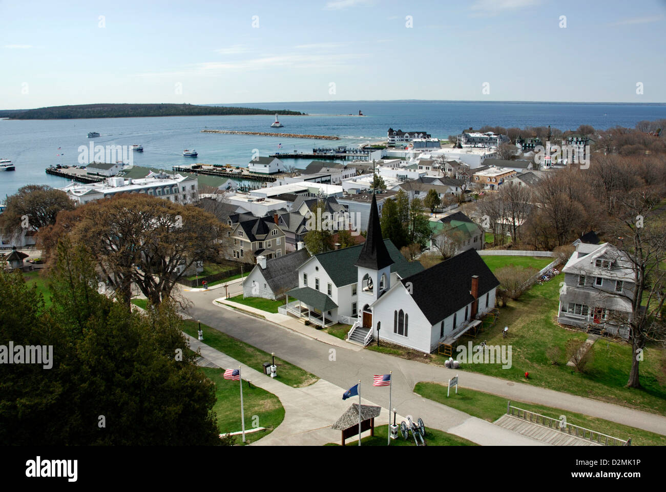 View of town from Fort Mackinac, Mackinac Island,  Lake Huron, Michigan, USA Stock Photo