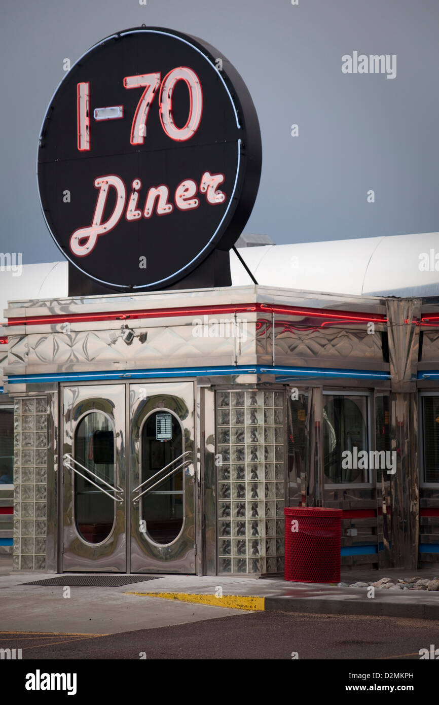 I-70 Diner in Kansas with large neon sign and vintage appearance. Stock Photo