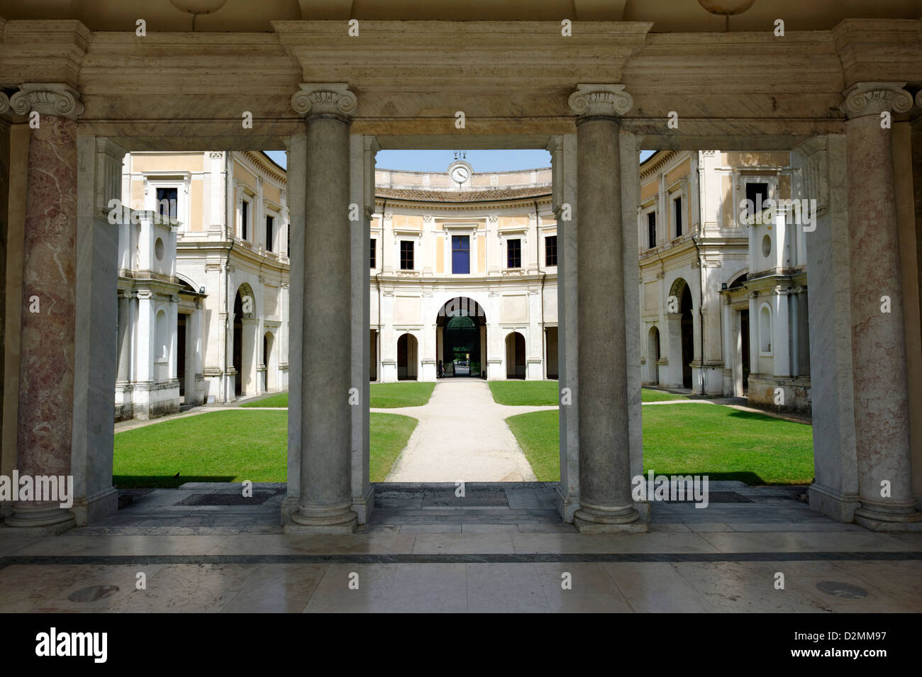 Villa Giulia Rome Italy. Interior courtyard view through the granite columned pavilion that overlooks the sunken Nymphaeum. Stock Photo