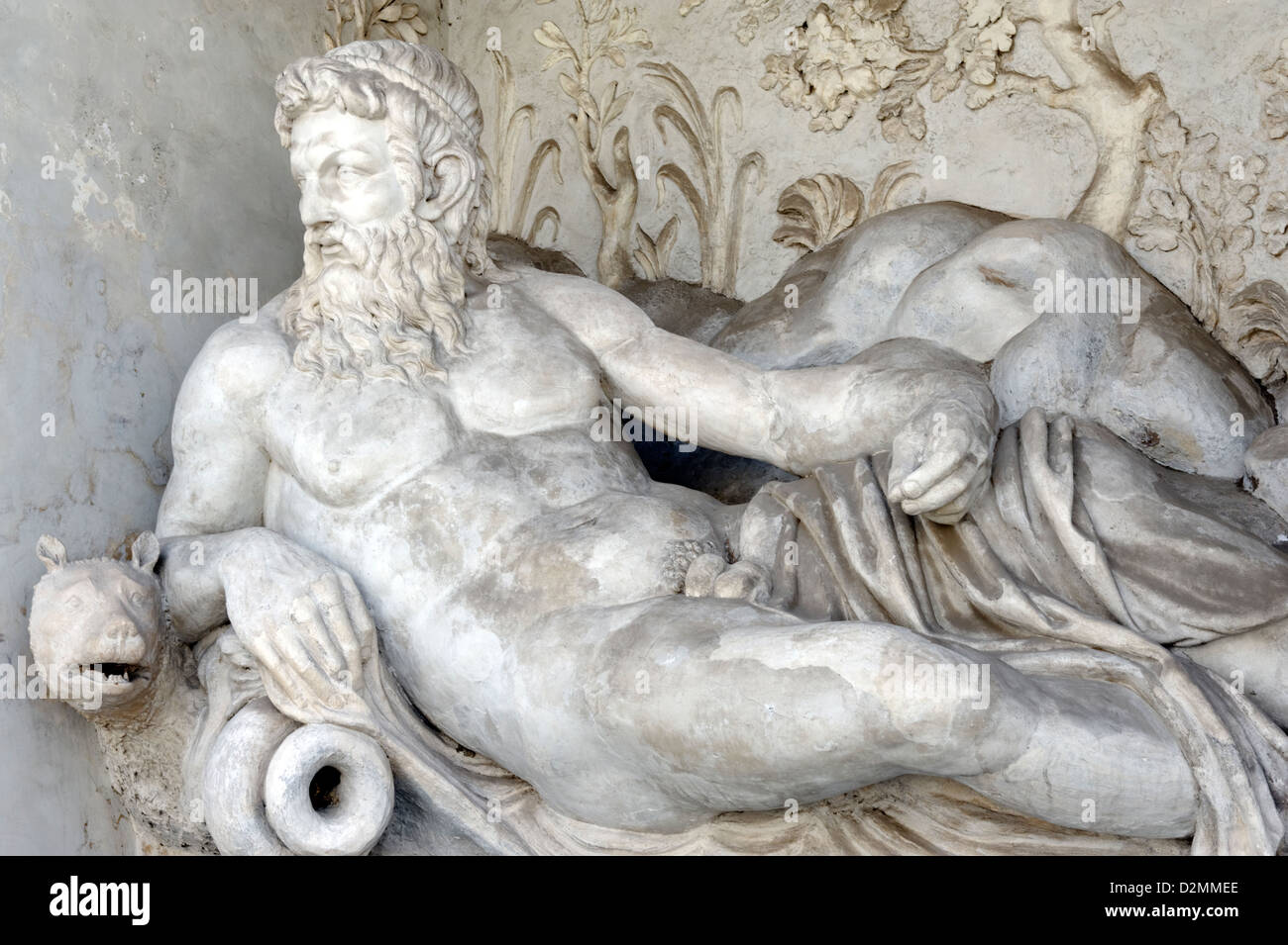 Villa Giulia. Rome. Italy. The large reclining statue of the river deity of the Tiber adorns the upper level of the Nymphaeum Stock Photo