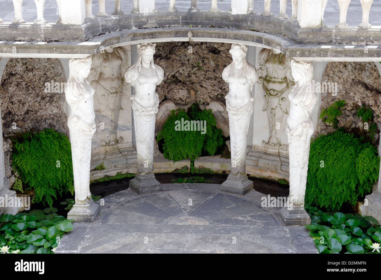 Villa Giulia. Rome. Italy. View of caryatids sculptures supporting the portico loggia on the lower level of the Nymphaeum. Stock Photo