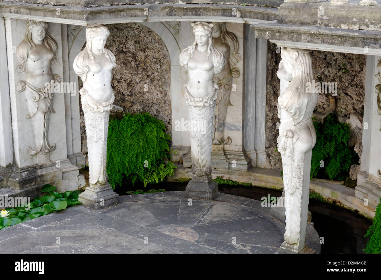 Villa Giulia. Rome. Italy. View of caryatids sculptures supporting the portico loggia on the lower level of the Nymphaeum. Stock Photo