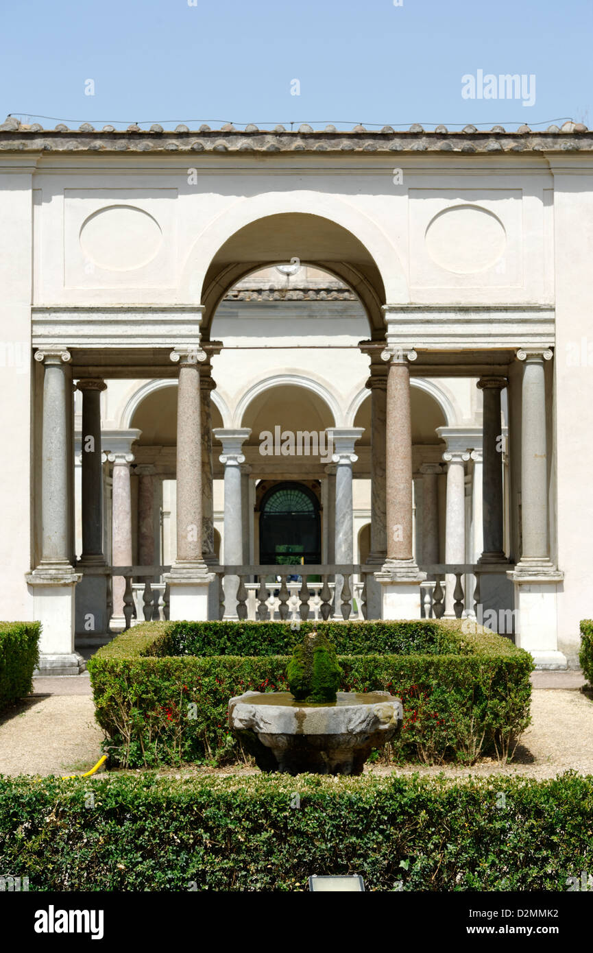 Villa Giulia. Rome. Italy. View from the villa gardens of one of the columned halls that overlook the Nymphaeum. Stock Photo