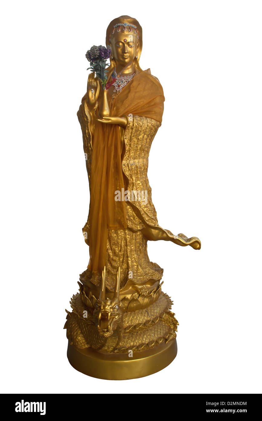 Guan Yin gold hand holding a purple flower and rider dragon. Stock Photo