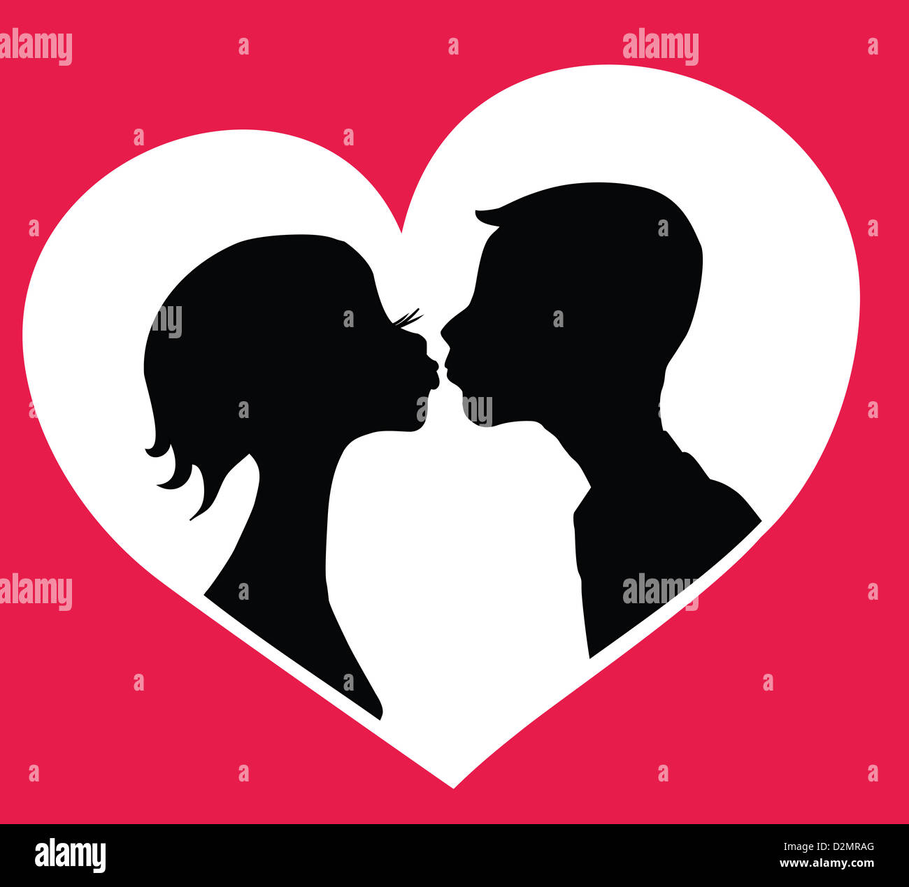 Kissing boy and girl silhouettes in heart shape background. Vector eps8 ...