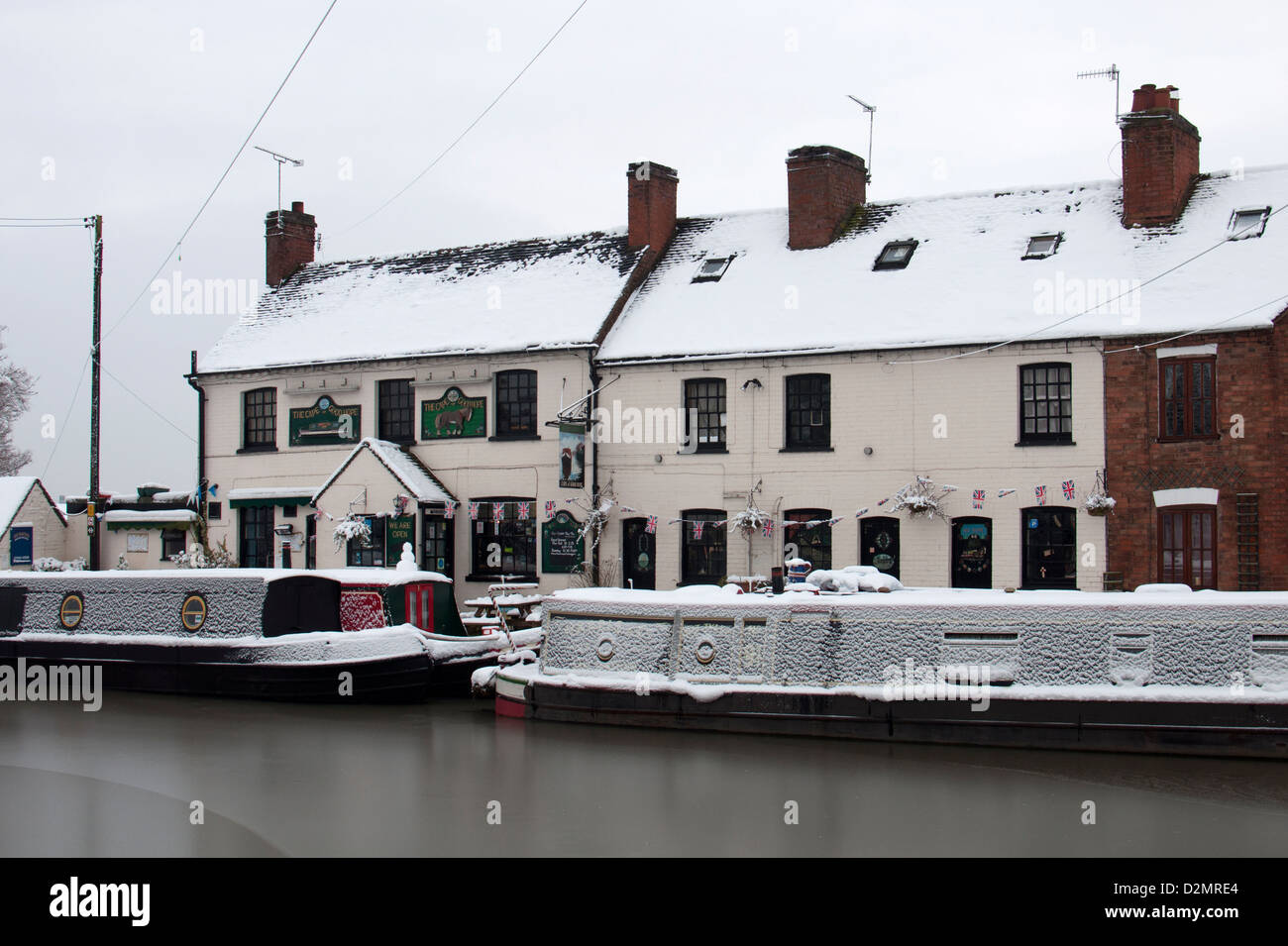 Canalside pub in winter Stock Photo