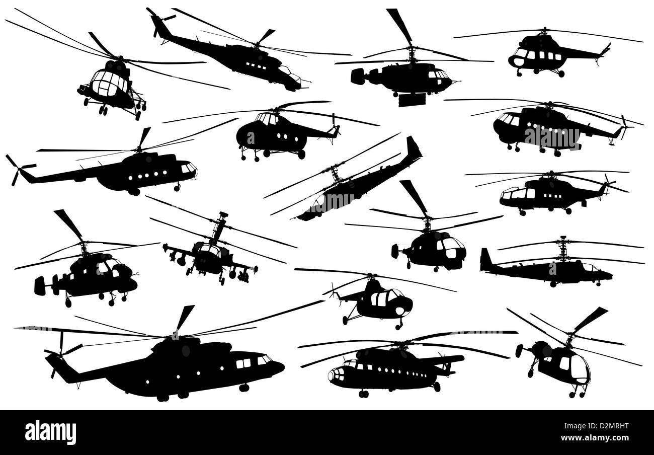 Detailed helicopter silhouettes set. Vector on separate layers Stock Photo