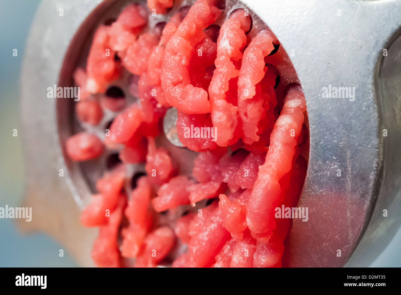Macro photo of mincer machine with fresh chopped meat Stock Photo