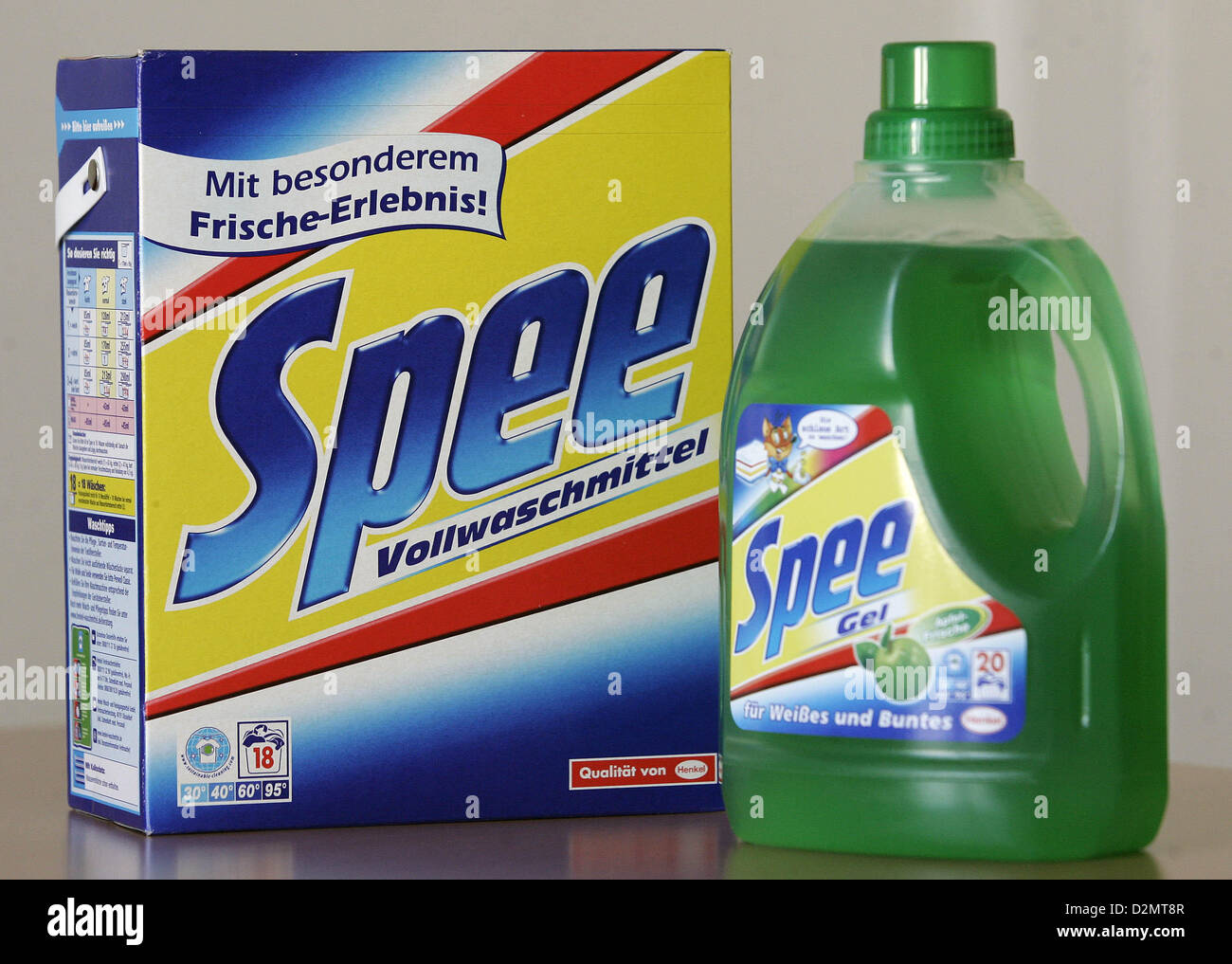 Two packages of Spee washing detergent in powder (l) and liquid form are  pictured at Henkel Genthin GmbH in Genthin, Germany, 27 July 2007. Since  1921, washing detergent is produced and Henkel