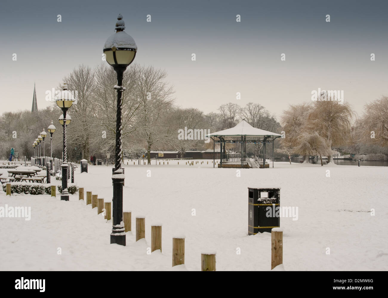 The Bancroft Gardens at Stratford upon Avon covered in snow during