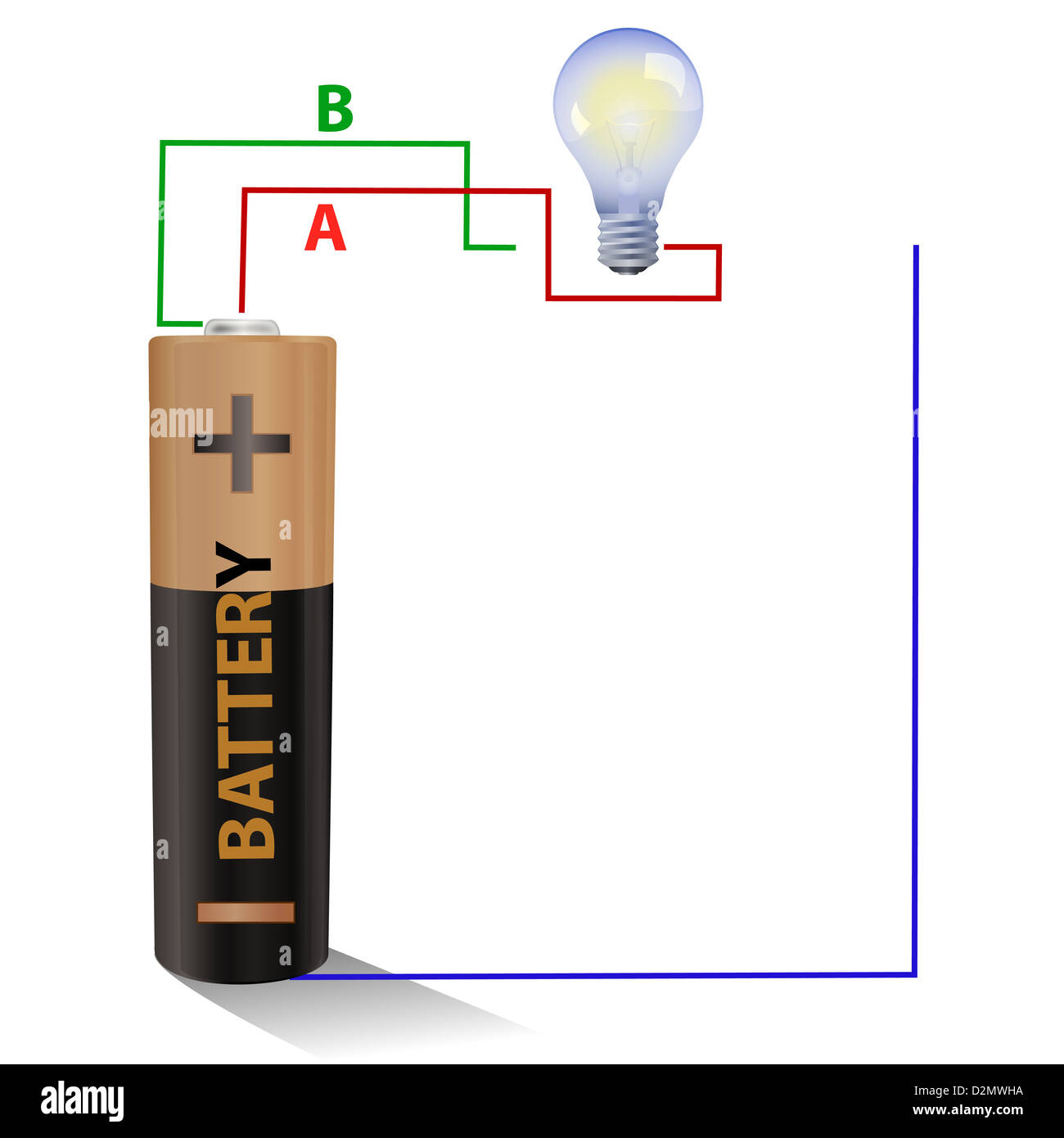 Battery connected to a light bulb Stock Photo