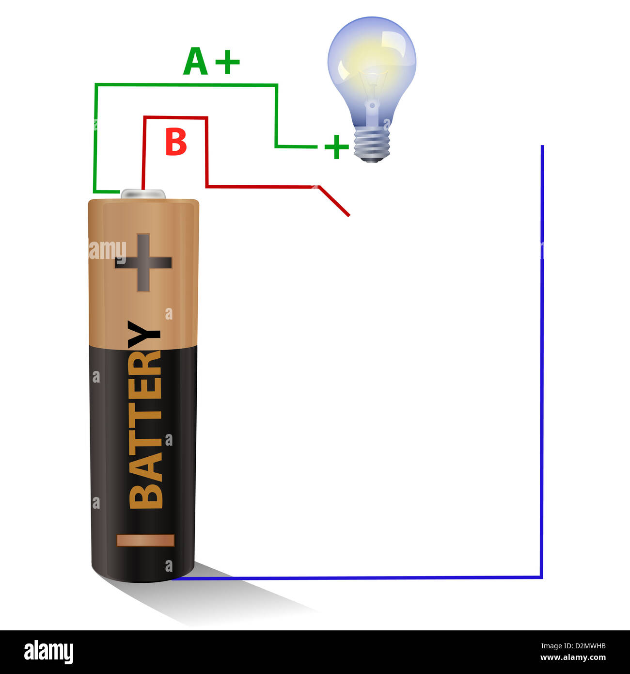 Battery connected to a light bulb Stock Photo