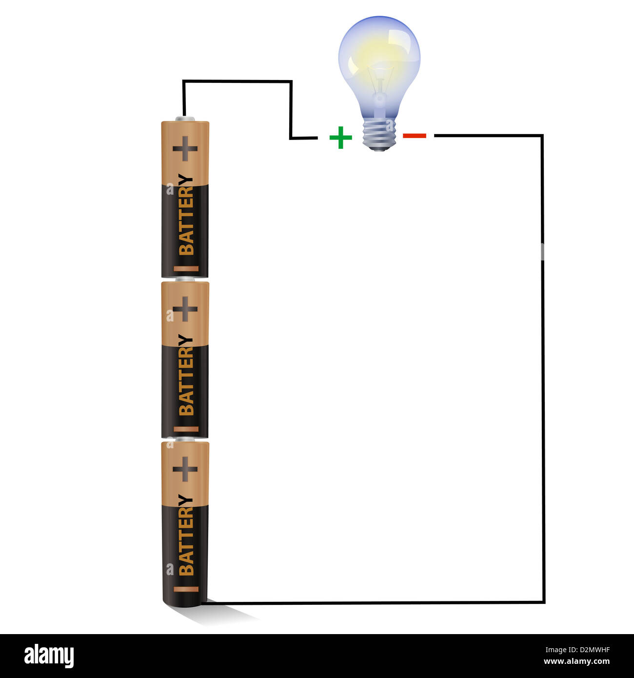 Batteries connected to a light bulb Stock Photo