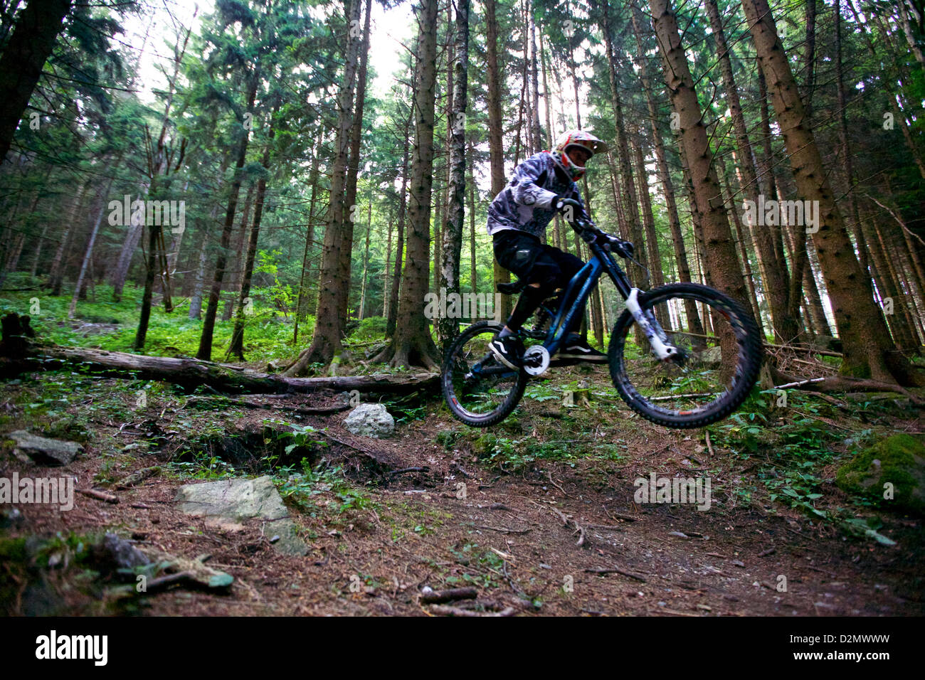 A mountain biker catches air as he jumps over a log while riding down a trail in Graz, Austria Stock Photo