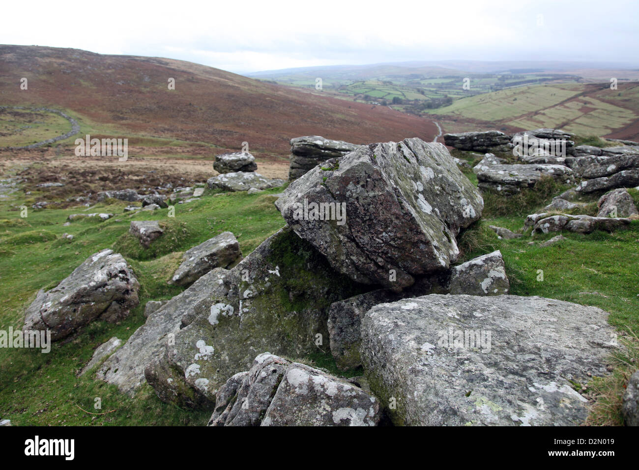 Rocks at the summit of Hookney Tor, looking down the Challacombe valley, Dartmoor, Devon, England, United Kingdom, Europe Stock Photo