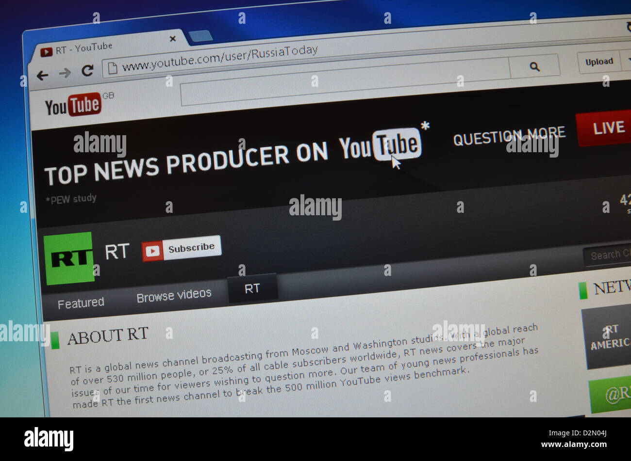 Youtube.com Russia Today website screenshot Stock Photo - Alamy