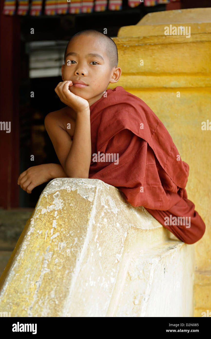 Novice monk, Buddhist monastery, Hsipaw area, Shan State, Republic of the Union of Myanmar (Burma), Asia Stock Photo