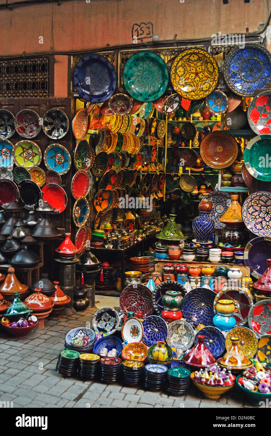 Display of merchandise, The Souks, Medina, Marrakesh, Morocco, North Africa, Africa Stock Photo