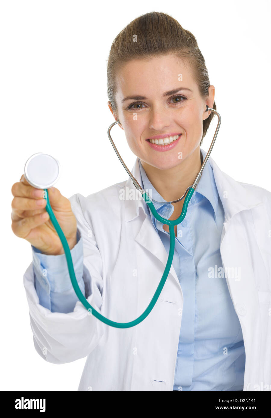 Happy medical doctor woman using stethoscope Stock Photo Alamy