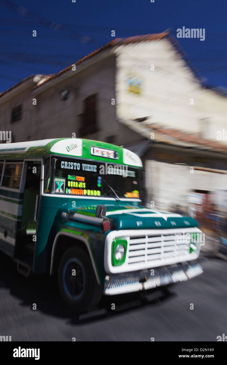 Bus passing along street, La Paz, Bolivia, South America Stock Photo