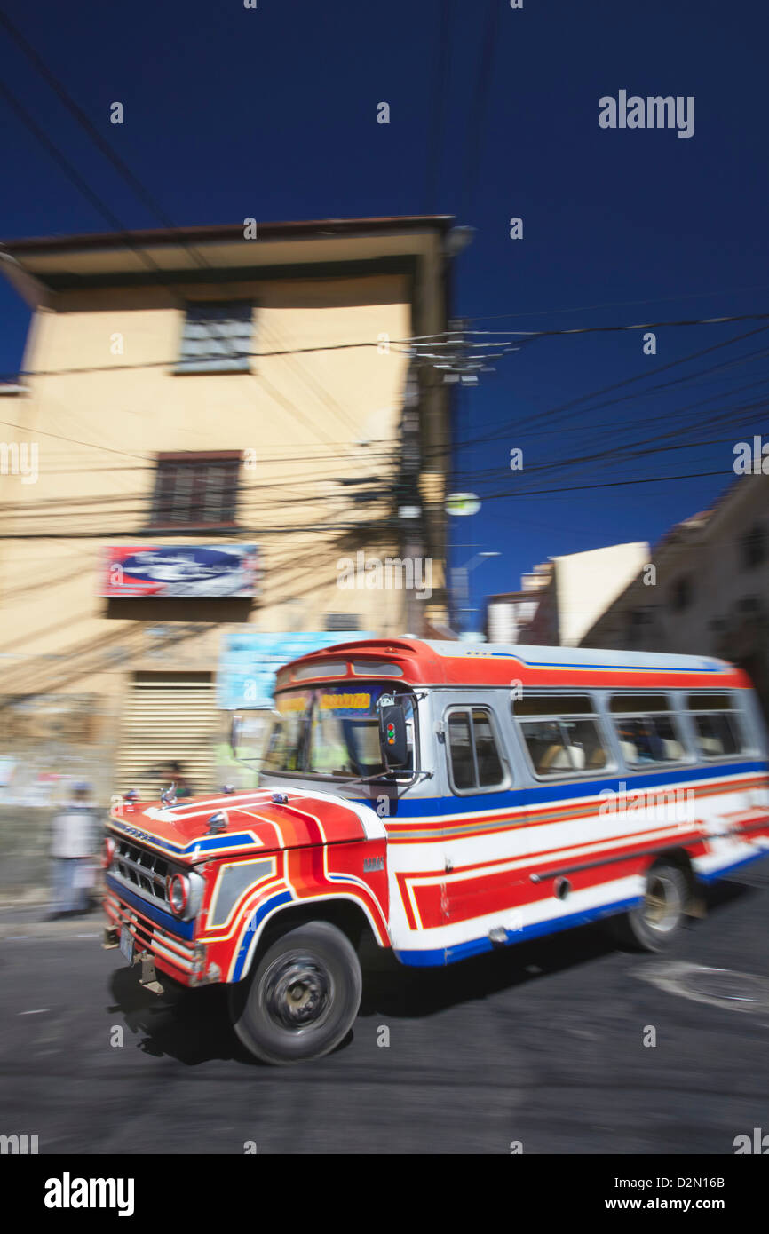 Bus passing along street, La Paz, Bolivia, South America Stock Photo