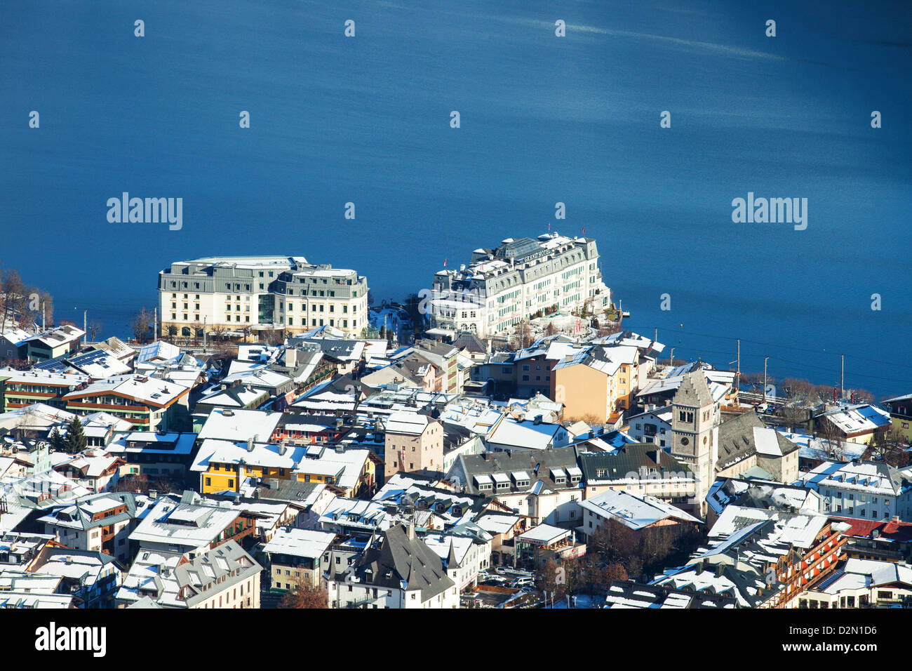 Zell am See panorama with the Grand Hotel in the middle, Austrian Alps, Austria. Stock Photo