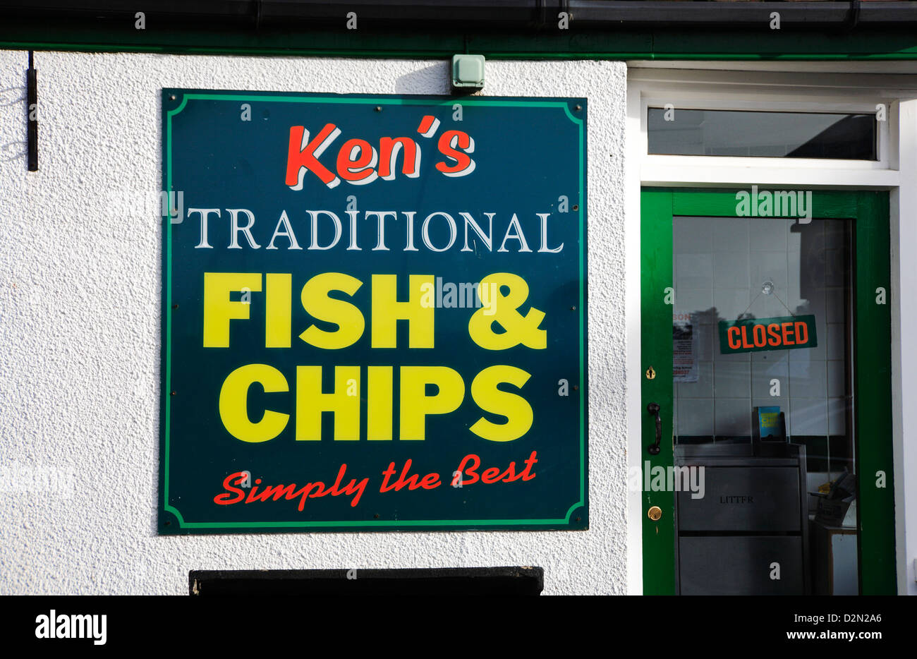 Fish and chip shop sign with a closed notice on the door at Hoveton ...