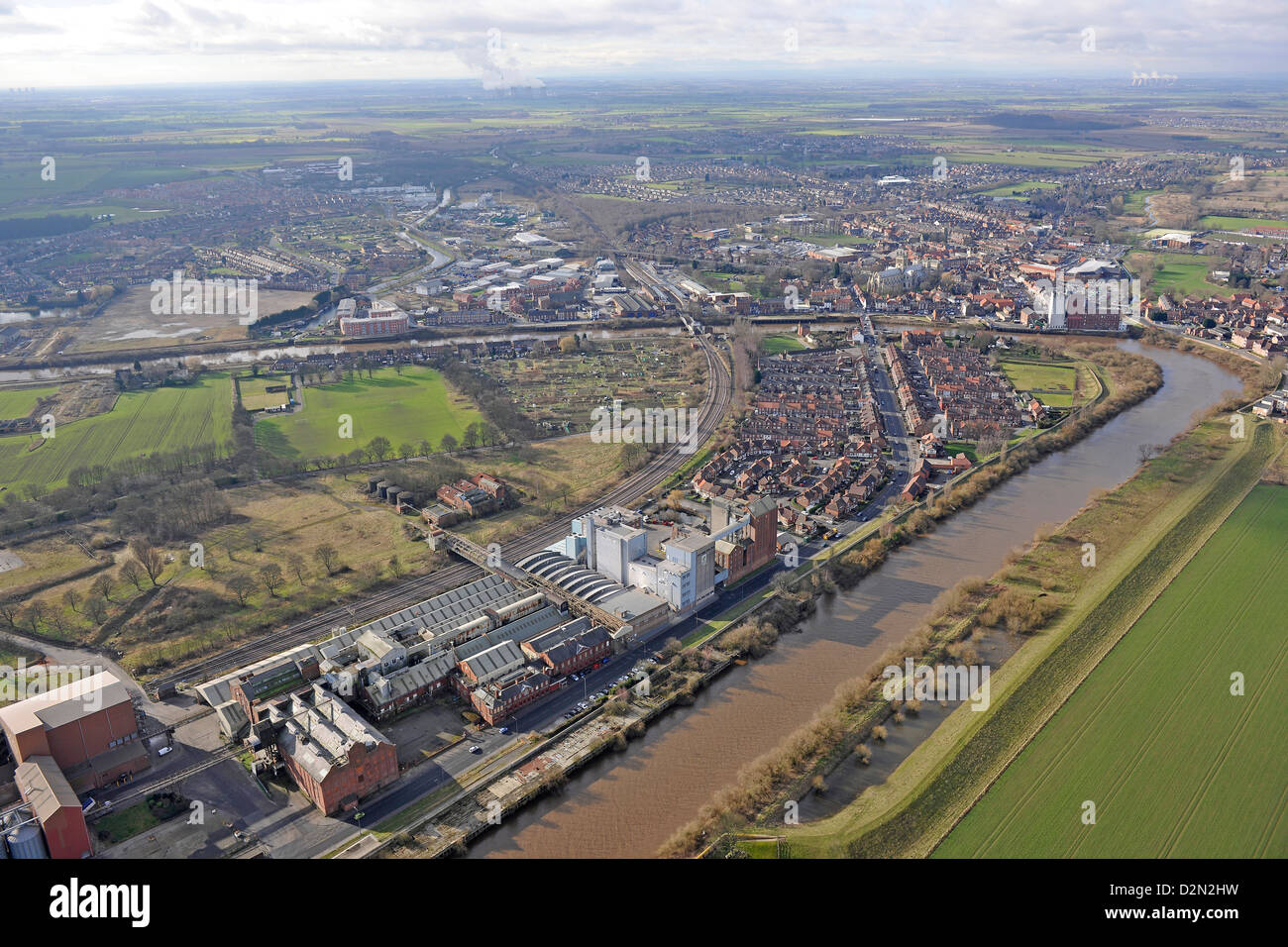Aerial photograph showing Selby from the river Stock Photo