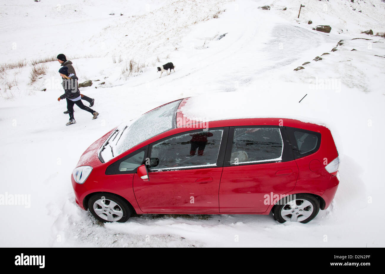 A car stuck on the summit of Wrynose Pass in the Lake District at 1300 feet. Stock Photo