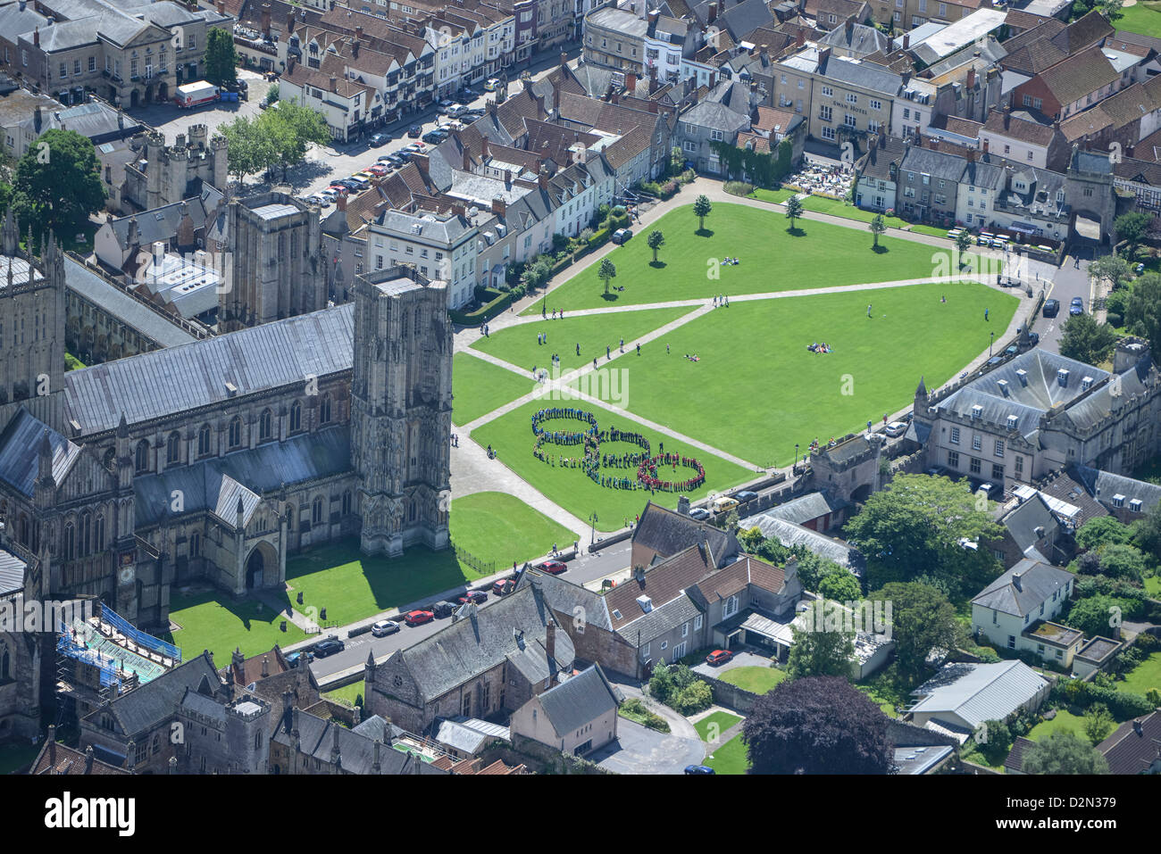 Aerial photograph of Wells Cathedral and Cathedral Green Stock Photo