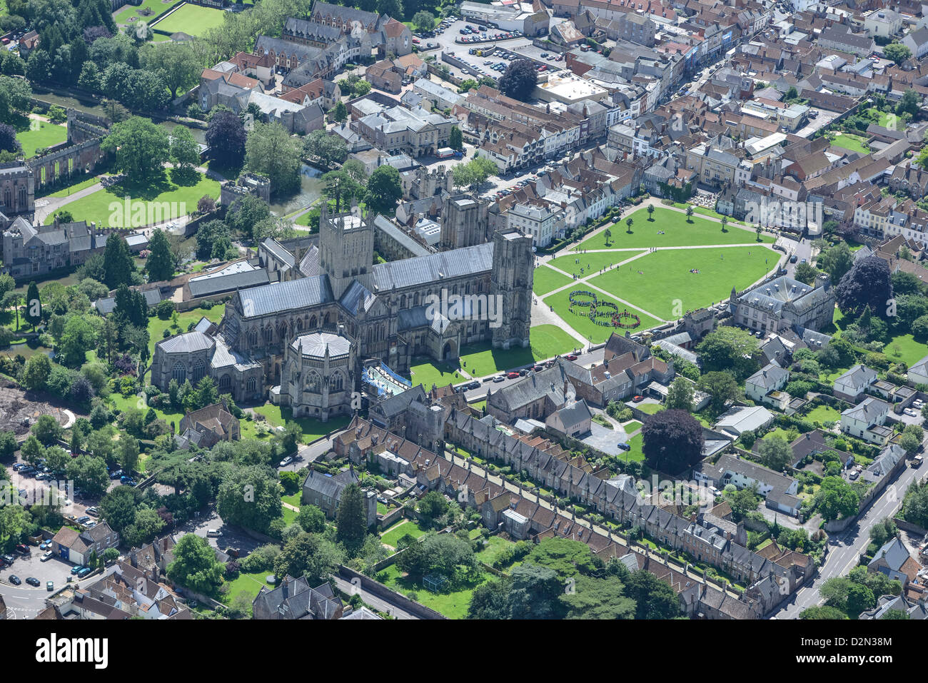 Aerial photograph of Wells Cathedral and surrounding town Stock Photo