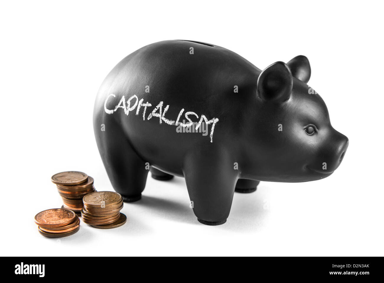 Black piggy bank on white background with written on it and three piles